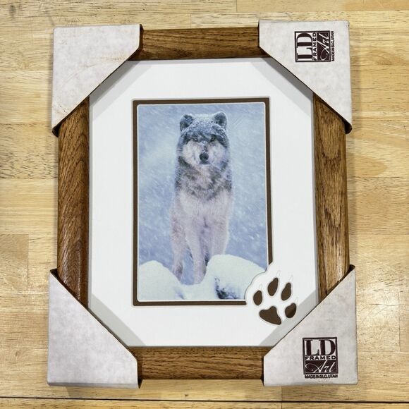 Vintage Wood Framed Wolf Print Paw Matted Cabin Woods Wall Decor 9.5” X 11.5”New - Picture 2 of 12